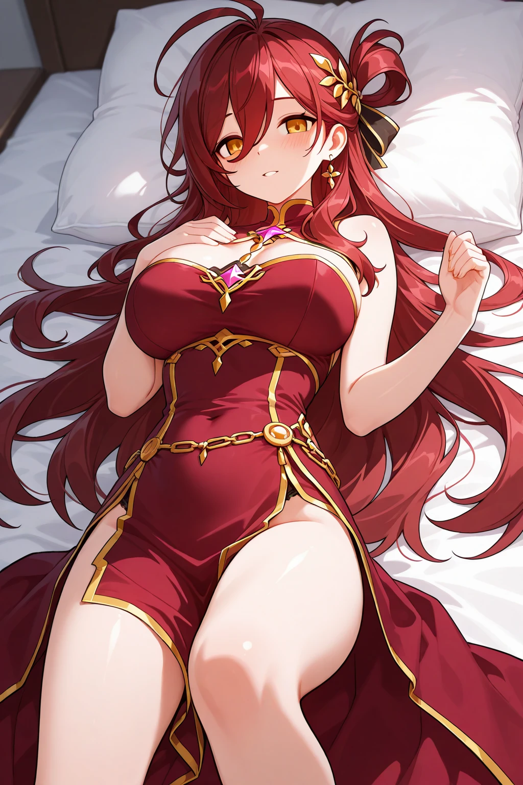 Anime girl in a red dress posing in a room with a mirror, Enchanting anime girl, , Highly detailed art gems, Cute anime waifu in a nice dress, In a dress, Trending on cgstation, Beautiful and attractive anime woman, On pixiv, artstation On pixivトレンド, pixiv artstationのguweiz, Anime Goddess