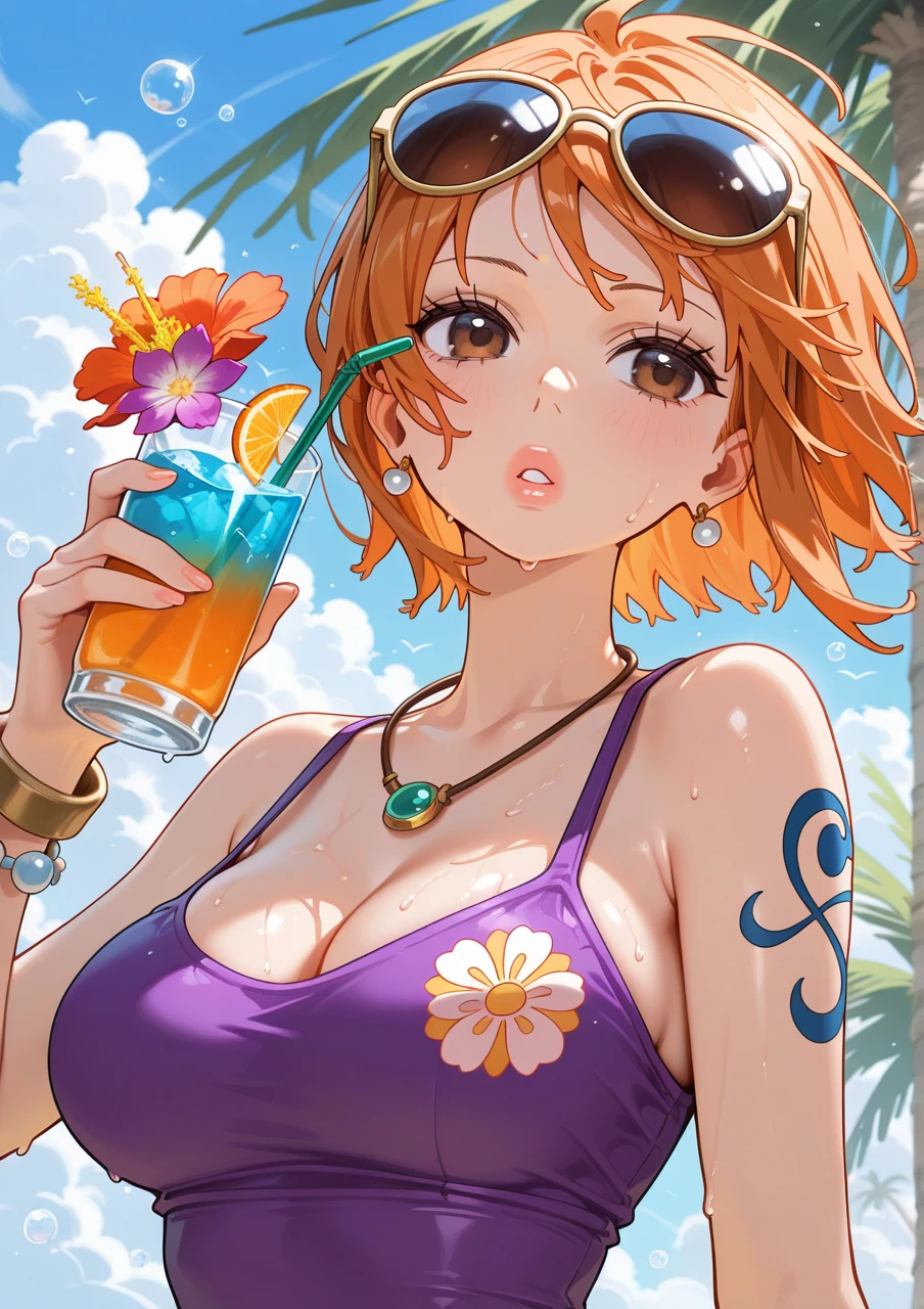 Honoka, Pink bikini ，Super short pleated skirt, bracelet，ring, university student，Pink Hair，Huge breasts，Cleavage，Low-cut，miniskirt，pantyhose，cute，necklace，earrings，beach，drinks，lemon，Sunset，Lace，shy，Ice cream，orange juice