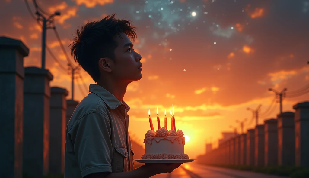 a table in a fancy restaurant with pan-fried salmon and some French pastries dark sky opposite a 1 Vietnamese boy holding a bouquet of flowers