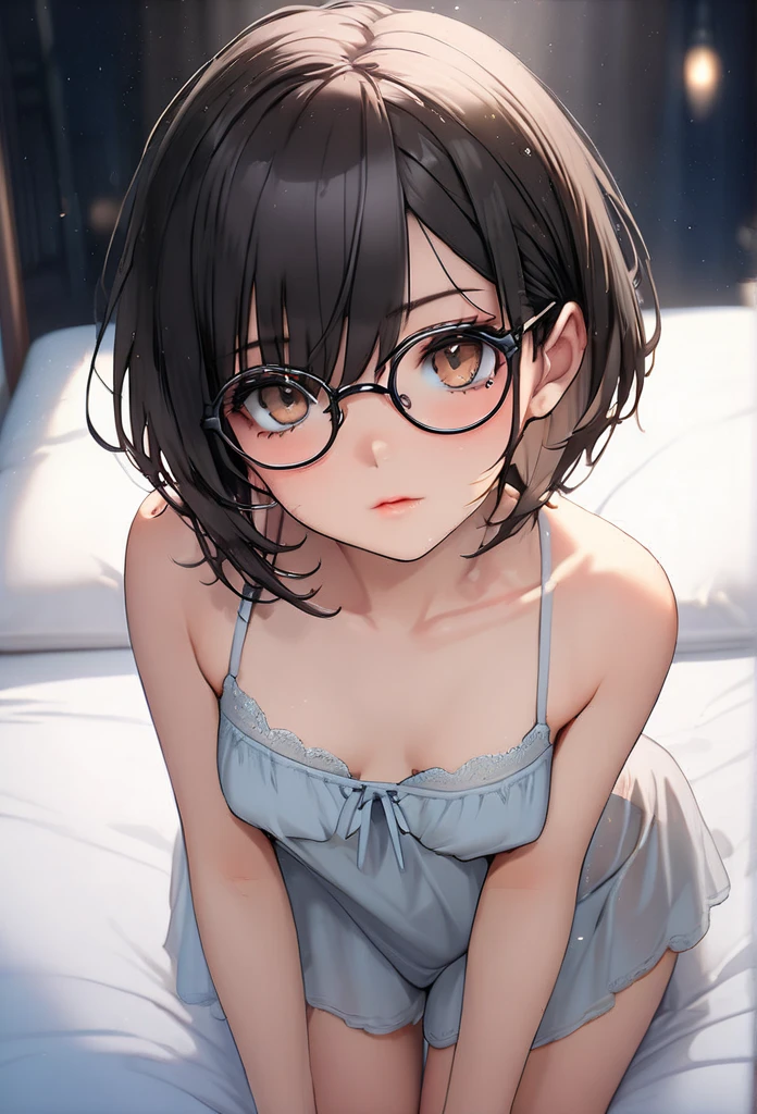 Erotic、Bedroom、Completely naked、slender、Smooth, very beautiful, white skin A girl about 10 years old、Expressionless Glasses、Black Hair、Sweat、Close-up of face child Small Big eyes Small breasts Open your mouth very wide Teeth are visible Mouth up Blowjob