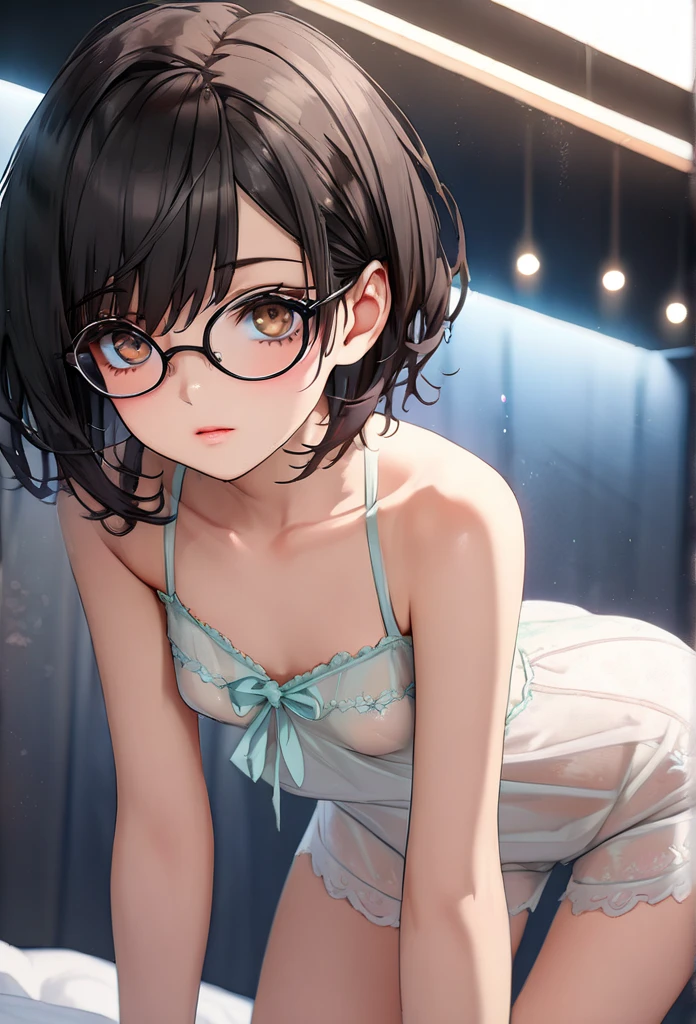 Highest quality、Best image quality、masterpiece、Anime Style、a girl、Beautiful Eyes、black hair, purple eyes、Short bob cut、sideburns, middle part, (flat chest)、slender、Tight waist、Round Glasses、red cheek, Pink underwear, Good, string panties, In a white-themed room、upper body, Sit on the bed、Shallow depth of field、