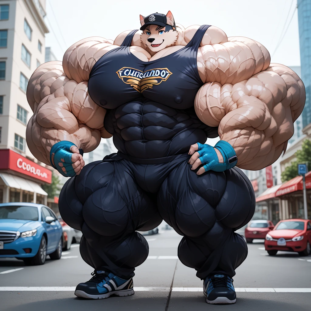 4k, high resolution, best quality, perfect lightning, perfect, solo, anthro, young, boy,white wolf:2.0, furry body, (fluffy mane:1.2), fluffy tail, male, adult, (bulky2:0, thick muscles2:0, huge muscles:2.0, hyper muscles:2.0), (thick biceps, veiny biceps, broad shoulders:2.0), (thick legs, thick calves:1.1), (digitigrade legs, 4 toes:1.2), perfect colors, (photorealistic fur, detailed fur, epic, masterpiece), (suggestive posing:1.2), (seductive smile, lustful grin 1.3), detailed city alley,detailed wolf eyes:2.0, by k0suna, by darkgem，nipple ring，hyper arms:2.0，veins,white body,white fur,hyper butt:2.0,hyper paws:2.0，standing，thick legs，thick butts:2.0,sweat body:2.0,massive butt:2.0,black hat,hyper ass:2.0,huge ass,long legs,juicy butt:2.0,butt like a wall ,butt with colorful patterns:2.0,wide butt,hyper wide butt,hyper heavy butt,hyper thick butt,insanely inflated hips