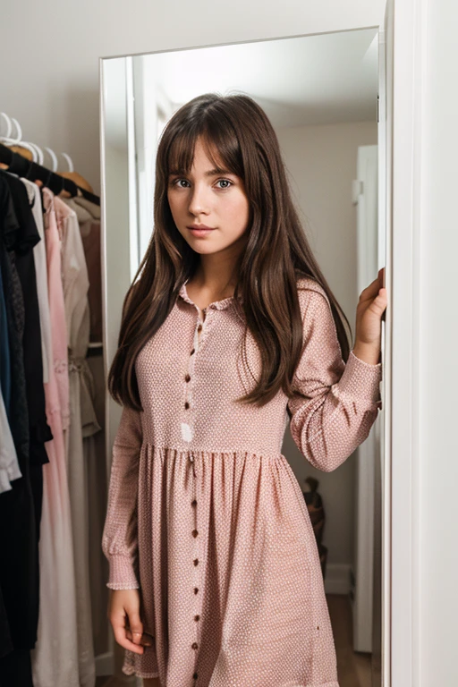 A selfie of a 14 year old girl with brown long hair in front of the mirror with the mobile phone