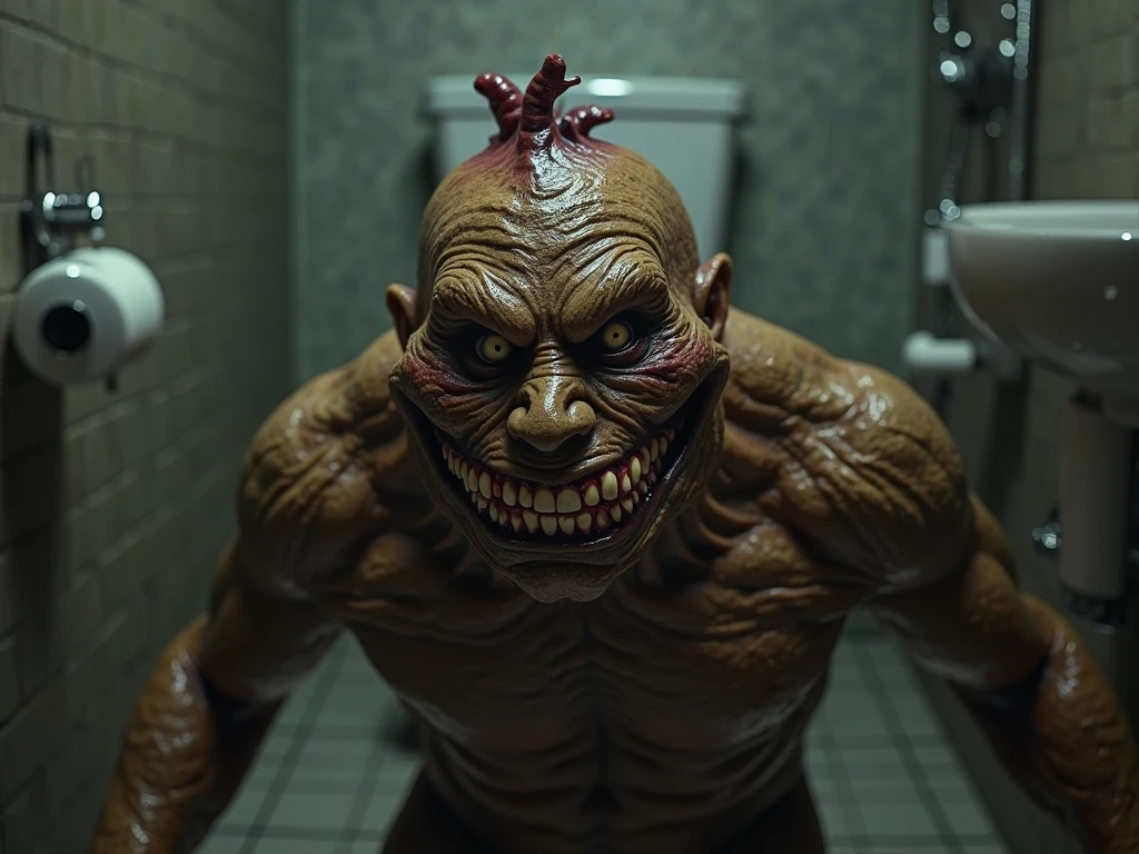 (PICTURE REALISTIC) ugly monster inside a kitchen, full of eyes on the face, with several tentacles, scary mouth, with shark teeth, gazing at viewer, 