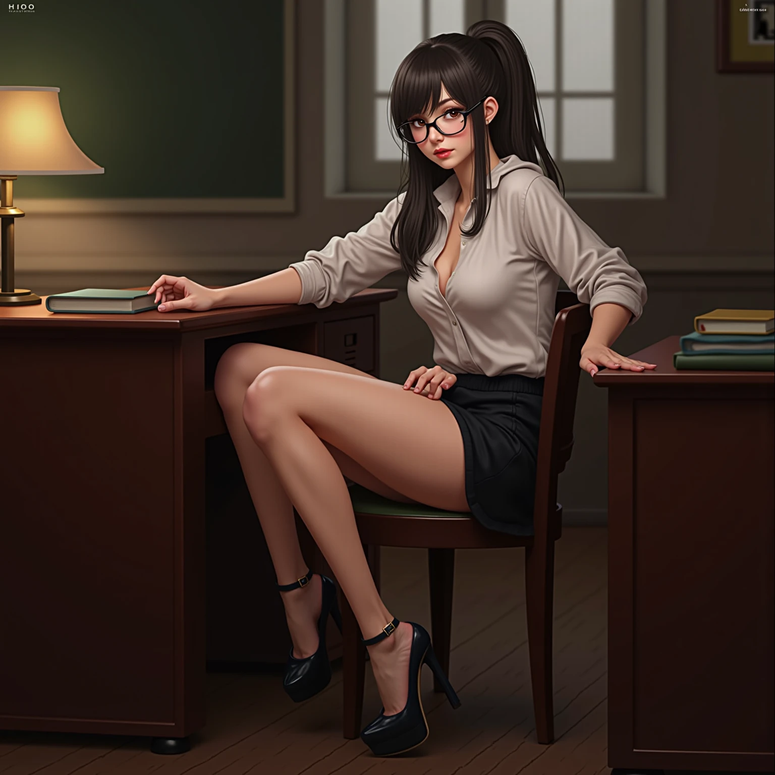 Hyper realistic super detailed sexy  professora , sitting at the table open blouse , glasses crossed legs high heels 