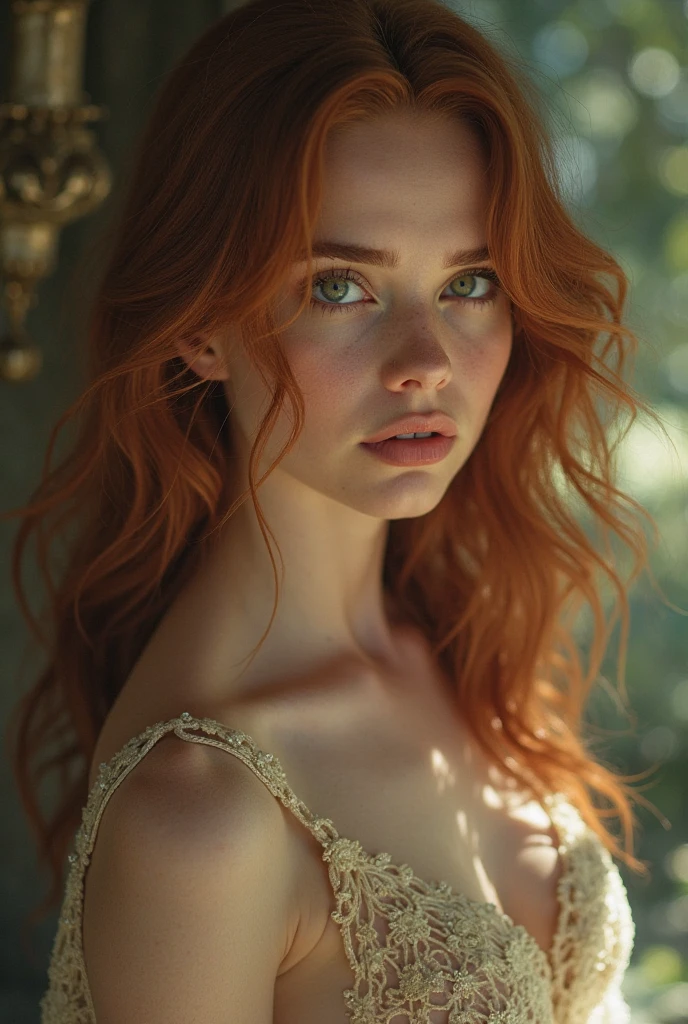 (8k, RAW photo, highest quality) depth of field, bokeh, 8K, HDR, cinematic rendering, a portrait of a 36-year-old redhead, framing from the navel, some small freckles, dressed in a ragged nightie, straps dropped, peeled off, leaning against a tree in the wilderness, goosebumps, cinematic, faded colors, dark shot, muted colors, grainy film, read, crazy details, intricate details, hyperdetailed, sunset, shyness, seduction, romance, looks at the camera lens lovingly, no visible hand, shadows and lights