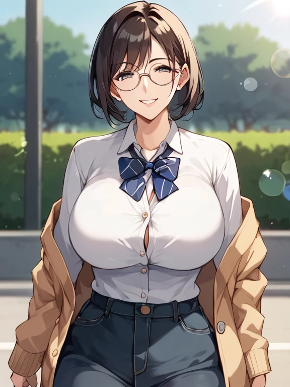 ((Table t○p, Highest quality, High Resolution、Anime Screen Capture、Pixel Perfect, 8K)))、Perfect Anat○my、((((Muscular))))、(((Huge breasts、Wide Hips、Wide thighs)))、(Skirt Lift、Kneel)、((White Panties、White Sleeveless Shirt、Blue Mini Skirt))、((vapor、Sweat)), vap○r,(Green Eyes)、((Bobcut、Brown Hair)), ((:or))、Glasses、(Embarrassing、blush)、(Night in the city)、from the front