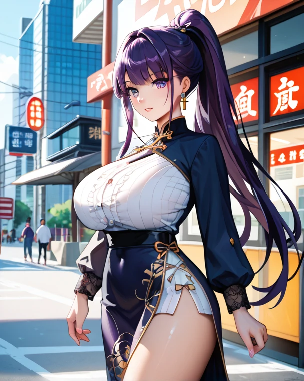 masterpiece, best quality, Ultra-high resolution,Photon Mapping,Best shadow,portrait,Beautiful details,Ultra-high detail,Purple long hair,Single Braid,Bangs,Medium breasts,City,Chinatown,city center,see through, Short skirt, Low-cut:2, Hair accessories, earrings, necklace, portrait, Silver dress:2, Looking at the audience,Solitary,Professional lighting, Delicate skin,