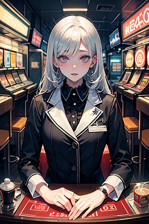 This illustration depicts a cute girl playing slots while smoking a cigarette. She has a cigarette in her hand and her eyes sparkle. The room has a futuristic feel with the walls colored like a casino. However, the most noteworthy thing is the "last mysterious high-energy body" she emits. This energy body released from her body has the power to obliterate the garbage in the store. The pale light reaches every corner of the room. She is sitting in a plush chair and is wearing a bunny girl outfit. I'm obsessed with the game.
