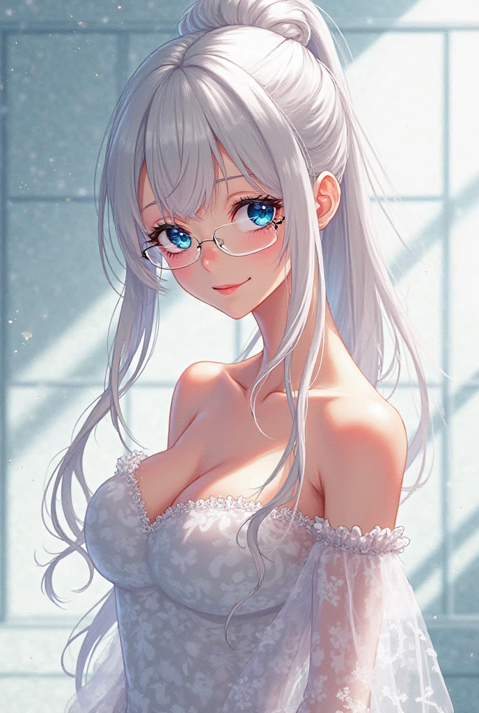 1Girl, Solo, Anime, Ideal body, body curve, down blouse, laced blouse, oversize, loose. (Small breast:1.1), (Hard nipples:1.1). Beautiful, Gorgeous, Fresh, Blunt Bangs, (White Grey Hair:1.5),(Straight and Wavy Long Hair:1.3), laced camisole, casual, eyeglasses, mini dress, Comfort, cotton Texture. (Sexy Seiza:1.3). Earrings, Thin Black Headband, Green Accessories, Environmental Details, Bed Room, Natural Light, Modern Bed, Chair, Window, White Curtain, City View. pov, anime style, UHD, retina, masterpiece, accurate, anatomically correct, textured skin. High Resolution, Looking at the Viewer, Blush, Best Quality, Award Winning, Accurate, Embarrassed, seductive smile, sweating, naughty smile, Naughty Face, Naughty, Gradient Eye Color, Sexy Pose, Eye Level, Cowboy Shot, (sticky goo on breast), (white goo on body), (sweating). (white goo on the breast),.