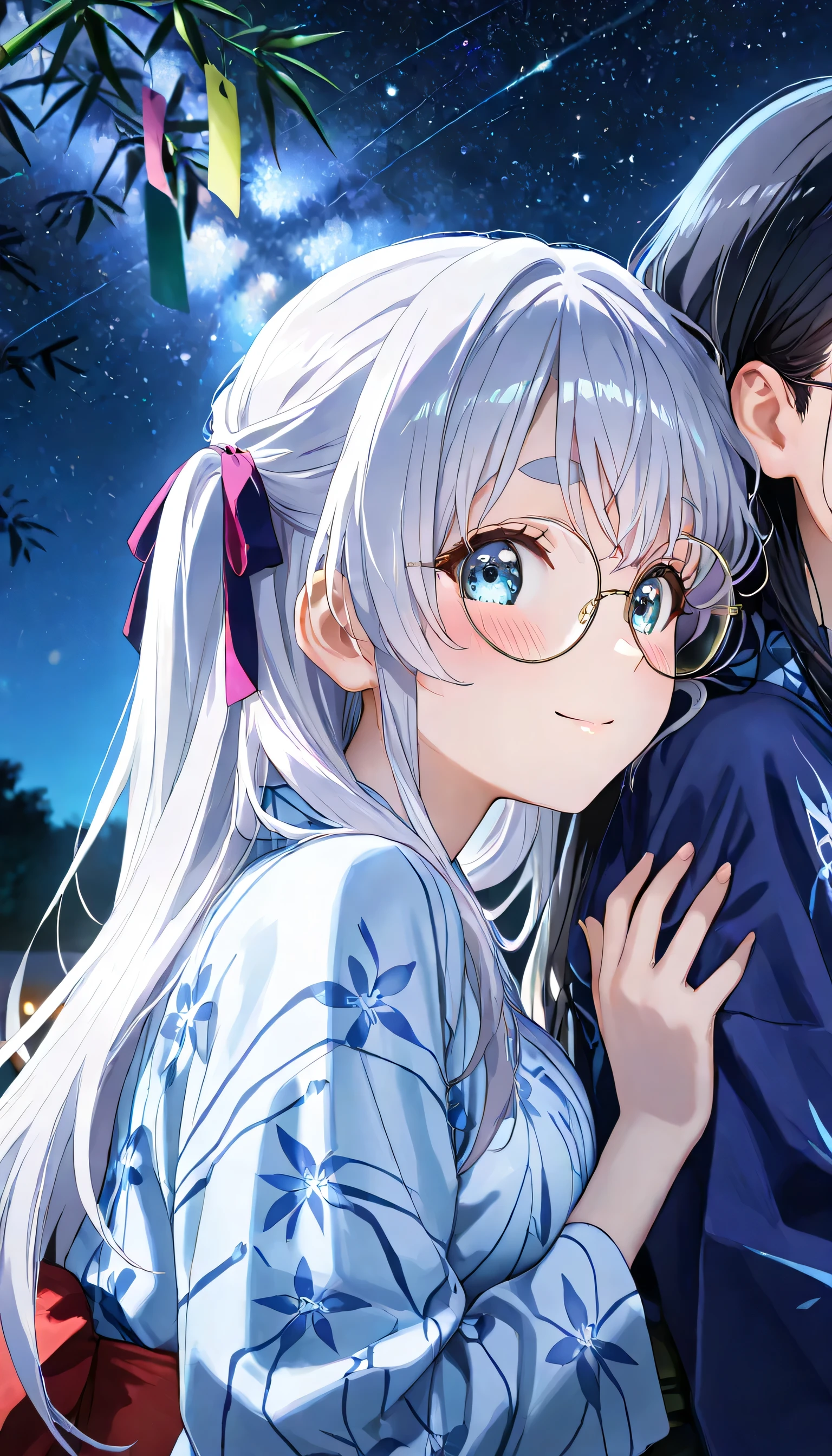 (ultra-detailed)), (highly detailed CG illustration), (best quality:1.2), ultra-highly detailed, colorful composition, artistic photoshoot, 2girls, duo focus, Yuri:1.3, cowboyshot:1.3, moe anime character, round face, rounded chin:1.2, short stature, ample breasts, yukata:1.3, gentle smile:1.3, blush:1.3, :1.3, from front, side by side, shoulder-to-shoulder:1.4,
looking at viewer, BREAK
(girl A is Marika:1.2), blue eyes:1.3, sagging eyes:1.3, silver hair:1.3, long hair, two side up, hair ribbon with black, light blue yukata:1.3, BREAK
(girl B is Sena:1.2), thick eyebrows, half updo, sagging eyes, long hair, black hair:1.3, brown eyes, (wearing glasses:1.3), (round eyewear:1.3), half updo, blue purple yukata:1.3, BREAK
tanabata:1.3, bamboo branches with colorful tanzaku wishes, holding a colorful tanzaku wish, starry night sky, Milky Way overhead, soft lantern light, peaceful summer festival scene, summer night, night sky, outdoors, sparkle, ultra-beautiful girl, fluttering hair, best quality, masterpiece, night:1.3, Beautiful night sky:1.3, milky way background:1.4, Sparkling stars, dynamic pose, from side, expecting, pink cheek, light pink gloss slip, portrait, depth of field, soft lighting, sidelighting, moonlight, lighting, caustics, ray tracing, perfect face, lustrous skin, highly detailed face, highly detailed eyes, perfect face, perfect nose, perfect hair, perfect eyes, perfect anatomy, beautiful hair, beautiful small face, extremely detailed face, beautiful detailed eyes, beautiful clavicle, beautiful body, beautiful ample breasts, leavage, breasts squeezed together, equalize the size of the left and right breasts, beautiful thin thighs, beautiful legs, beautiful fingers, 4fingers, 1thumb, lovely, (very detailed background:1.0), (highly detailed background:1.0), summer aesthetic, intricate details, universe atmosphere, summer night sky colors palette, chromatic aberration