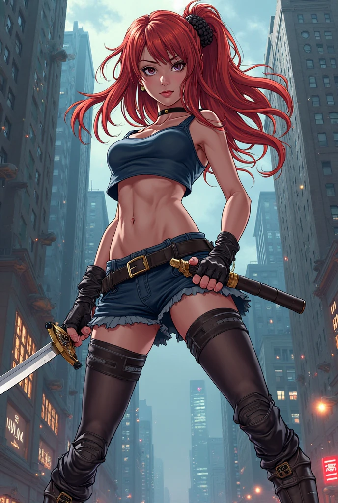 BREAK Perfect Anatomy、Highest quality、(cute:1.1)、(cute)、(High resolution:1.2)、Unbelievably absurd:1.3、Incredible illustrations、(cuteイラスト:1.2)、（Beautiful background、Late Night、Red brick warehouse district）、1gial(Red hair、strong wavy hair、ponytail.( height 1.6meters, chubby 50kg)）
,（leather jacket、Short denim、Red Tank Top、Thigh-high stockings）Holding a large knife in his hand、Against the wall、Glaring at me