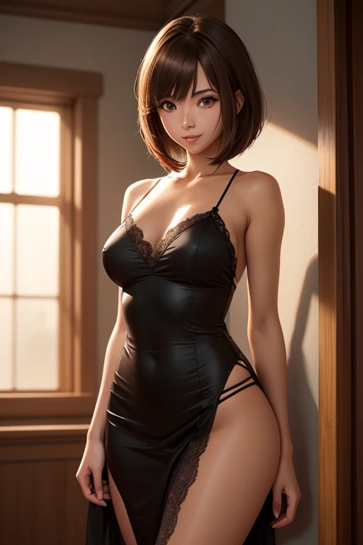 femme, adulte, Seulement, maigre, longs cheveux noirs, les yeux jaunes, haut noir de femme de chambre, jupe de femme de chambre noire, pose sexy, (chef-d'artwork), (high quality), (best quality), (detailed), HD, Perfect lighting, detailed face, detailed body, ONLY LINGERIE