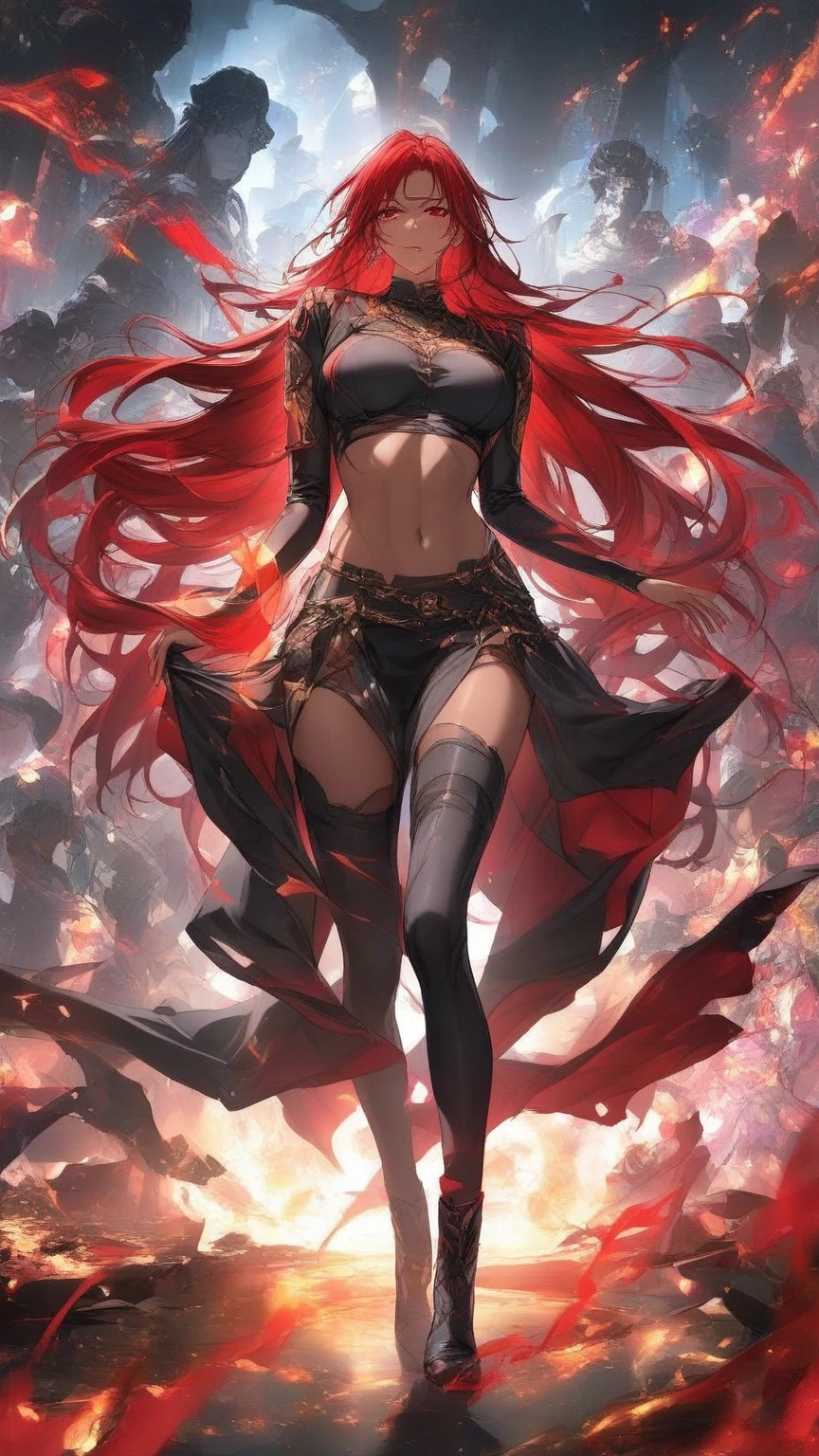 (Best Quality, 4k, 8K, high resolution, Masterpiece: 1.2), A 2D Anime art nude with a skinny yet full body, adorned with intricate big tattoos that flow like sinuous rivers across her skin. Her hair, a vibrant evil red, cascades down her back like a fiery waterfall. She assumes the regal posture of an evil red-haired queen, Jujasu Kaisan, her piercing gaze radiating a dark and malevolent aura. With one hand raised menacingly, her long fingers gleam under the dim, ominous light. The background is a blur of shadows,
