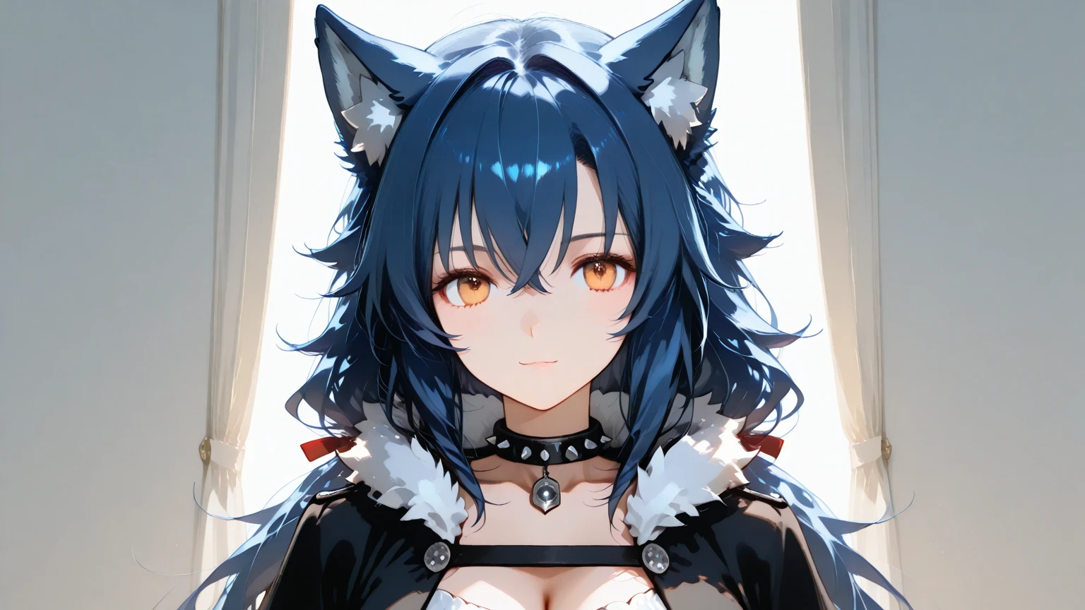 blue eyed woman, black fur, sloppy clothes with an annoyed expression 