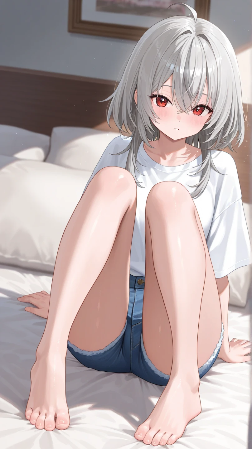 Short girls、White camisole、Slightly transparent、Bright red long skirt、Lift up your skirt with both hands、Showing off cute white underwear、barefoot