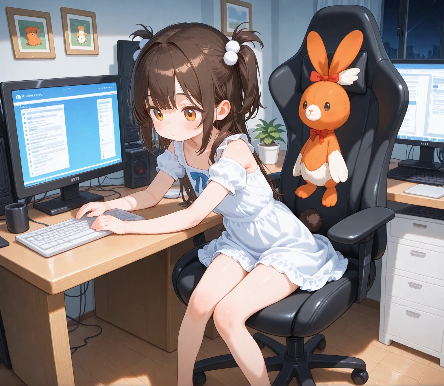 (High Definition CG unity 8K Wallpaper), (The finest Guo(masutepiece, of the highest quality, Kyoto Animation Style Illustration, of the highest quality, Official art, aesthetics, Beautiful details, :1. 2), Break HA,  BREAK,girl, Cute, Cheerful, Loli face, grimace,Black hair,a short bob,tareme, gleaming skin, Hugging a stuffed rabbit,Playboy Bunny, Glossy dark blue school swimsuit, High socks with pink and yellow stripes,Pink Bunny Years Hair Band, Computer operation while eating carrots,break,a desk,Desktop computer on desk,Illustration of cat ear maid on computer monitor,
(school  background,Computer room:1.2),
Ridiculous resolution, Ultra-detailed, Best Quality