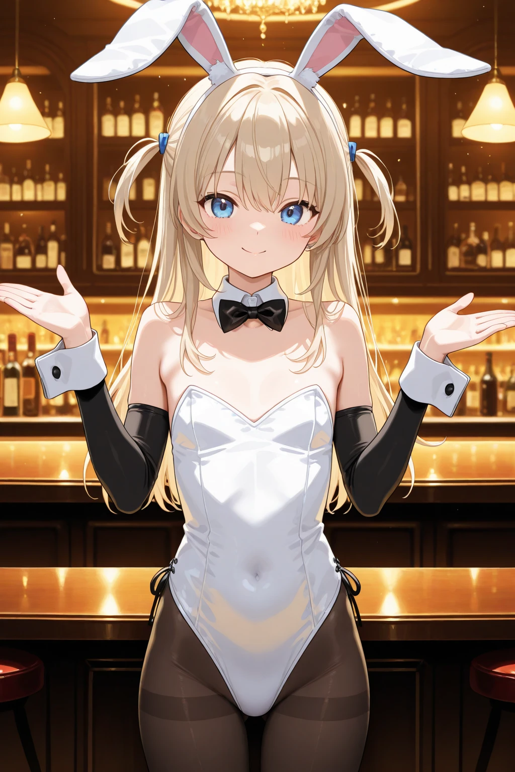 score_9, score_8_up, score_7_up, source_anime, masterpiece, absurdres, medium breasts, perfect face, 1girl, cute expression, amused, smiling, background: bedroom, alisamikhailovna, alisamikhailovna kujou, long hair, bangs, blue eyes, tiara, ahoge, gray hair, red ribbon, bare shoulders, white pantyhose, bowtie, rabbit ears, yellow leotard:1.3, wrist cuffs, strapless, detached collar, fake animal ears, playboy bunny, black bowtie