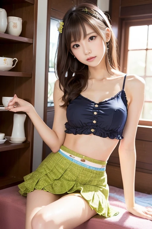 ((highest quality, 8K, masterpiece: 1.3)), 1 girl, Beauty with slender abs: 1.3, (random hairstyle: 1.2), Oversized Tank Top: 1.2, super detailed face, fine eyes, double eyelid, sleep on the bed, armpit, RAW photo, full body, whole body, Whole body visible、Symmetrical face、Well-formed eyes、Beautiful Eyes、Thin eyebrows、Brown Hair、sofaに寝転ぶ、Small breasts、Thin legs、Beautiful legs、Beautiful inner thighs、Translucent blouse、Mini tight skirt、sofa、Japanese、、flat chest、 neat woman, natural beauty、 light makeup 、Thin waist、Plump bust、Small bust、Inner thigh visible、well-shaped legs、Long, slender legs、Ultra mini skirt