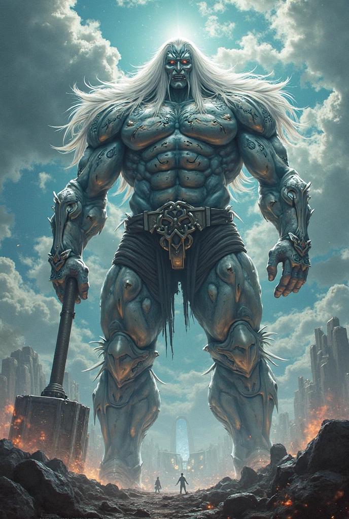 Muscular giant, masterpiece, evil, dark, realistic, long white hair, hat, overcoat, boots, 4 arms, furious, cursed, villain, destroyer, super-strength, evil aura, bloody, nightmare --auto --s2