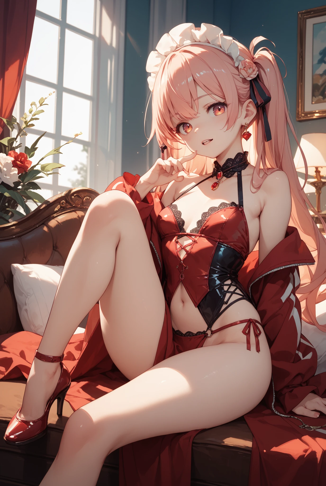 ((masterpiece)), ((best quality)), girl, ((sexy Lolita girl)), porcelain skin, ((red lips and rosy cheeks)), long flowing hair with ribbons, ((sexy lingerie: thong and suspender set with lace accents)), doggystyle pose, ((jucy ass with round curves and plumpness)), rear view, looking over her shoulder and flashing a playful smile, ((hyper realistic and ultra high definition: 4K resolution and 120 pixels per inch)), sexily biting her lower lip, provocative and alluring, ((diffused light and natural shadows to emphasize curves and textures)), ((viewer perspective: feeling drawn to touch