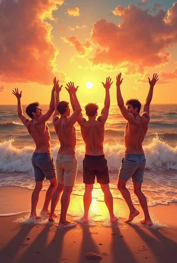 6 naked women on the beach surrounding a man. Women are taller than men. The women are Ukrainians from 1,87 meters high