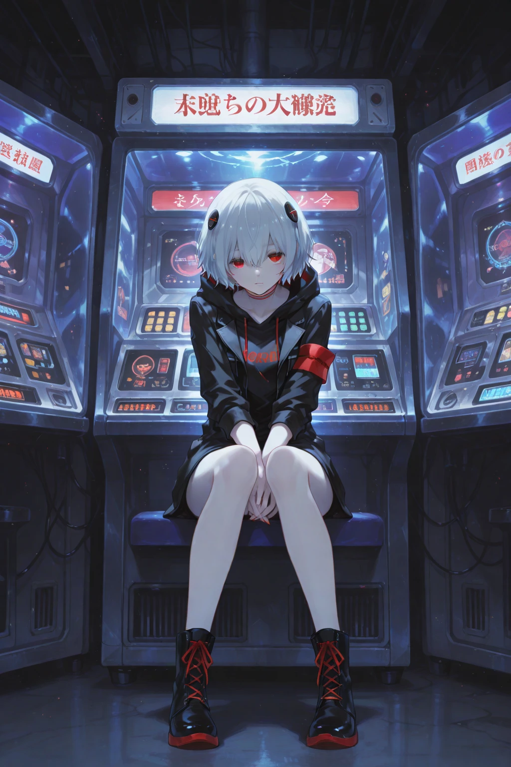 a mechanized girl, white hair, short hair, red eyes, mechanical sailor uniform, seven-colored night sky, neon colors, neon lights, light streaks, squatting, best quality, ultra-detailed, masterpiece, shallow depth of field