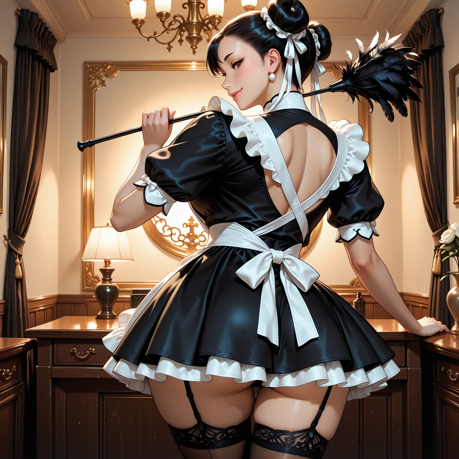 NFSW, A woman is wearing a black and white maid outfit and leaning on a desk, doggystyle, from behind, alone, small ass, panties, underwear, skirt, (shiny dark pink satin panties:1.3)、panties that cover the butt、garter belt, embarrassed expression, Thighhighs, skirt lift, think back, realistic