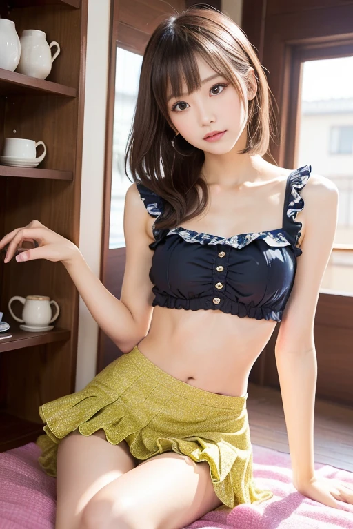1girl, solo, facing viewer, smile, 8k, masterpiece, (((twin braided brown hair))), (((white lace bra))), ((pleated tartan green skirt)), dark green pleated skirt, posing for a picture, bed, bedroom, highly detailed face and skin texture, detailed eyes, realistic, patterned bikini, tropical room, daytime, high resolution, 8k, medium breast, cleavage: 1.2, standing