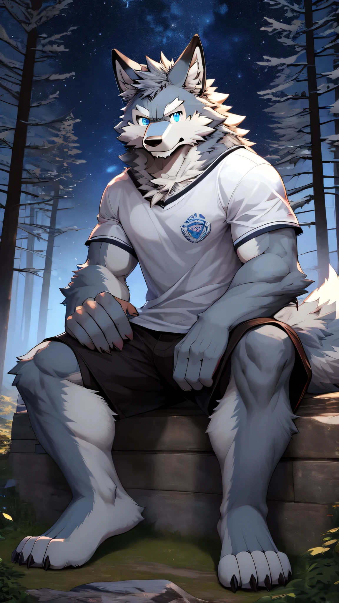 ((Solo)), Male, anthro wolf, (Multi-colored fur, Black White Taupe:1.3), ((Dog face, White hair, Big eyes, White eyelids, Blue pupil, Slim:1.2) (Tough, Calm expression:1.2)), ((sport:1.1)), Abs, Slim, pinging)), (Correct ), (Work shorts:1.1), (Contoured bones:1.2),  torso, (detailed outfits), (Realistic fur, Detailed fur texture, labeled:1.3)), (Natural lighting), Photorealistic, Hyperrealistic, ultradetailed