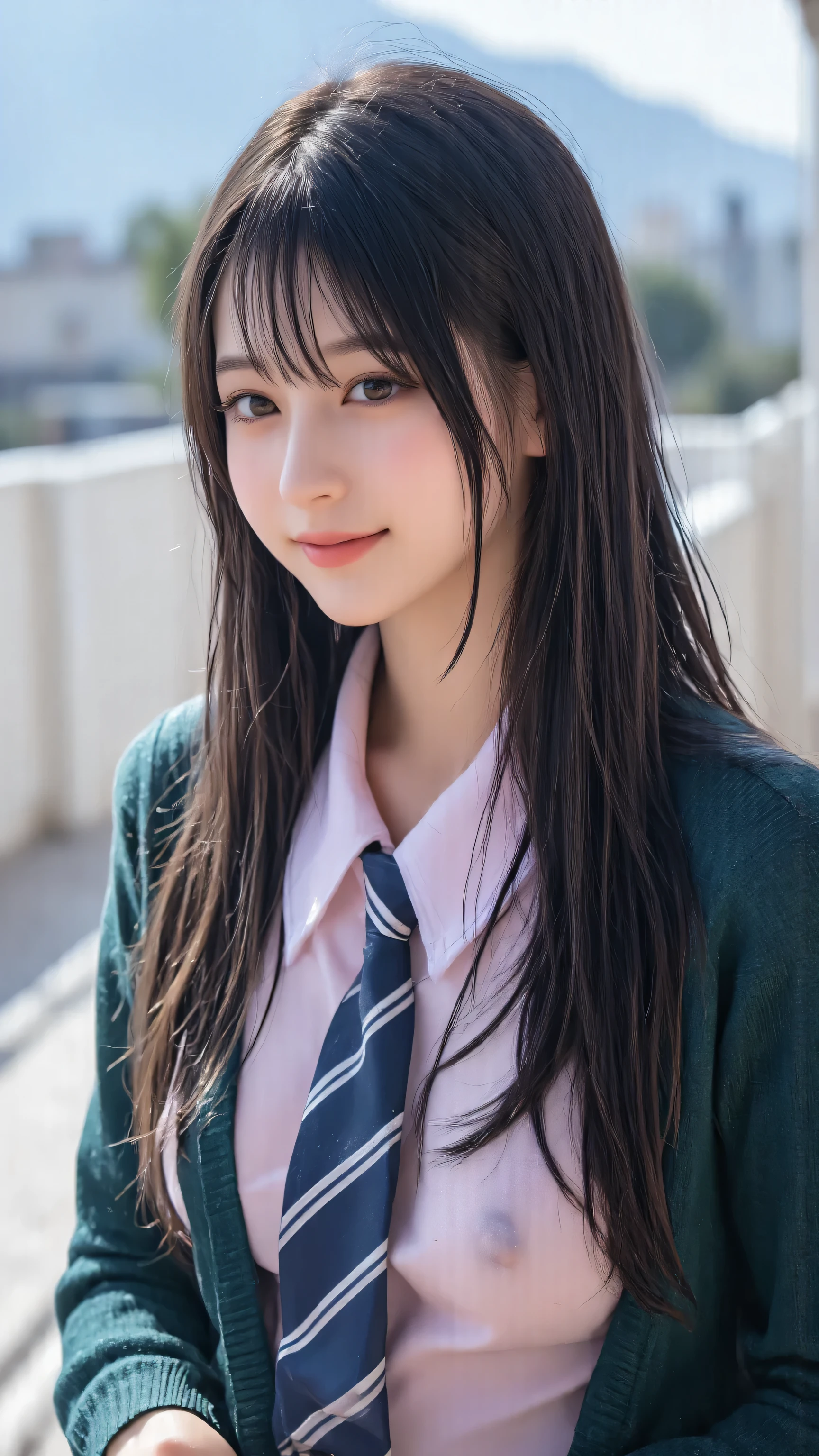 detailed portrait of the upper body of a young woman in a school uniform。wearing a pastel pink shirt, dark blue striped tie, and dark green cardigan. her long dark hair falling naturally on her shoulders、looking to the side with a smile. The background is a rooftop terrace with、in gentle sunlight々blurry railings and mountains in the distance.