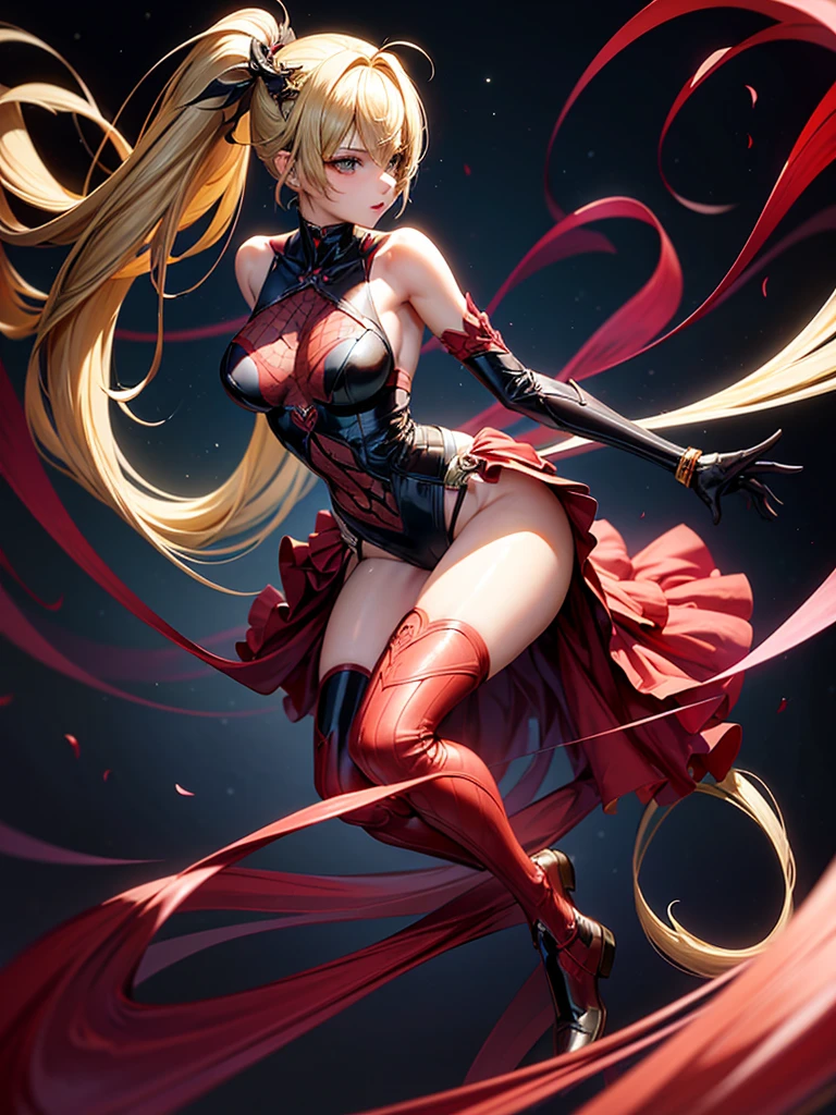 Top quality, best picture quality, masterpiece, detailed, high quality, visual art, 4K, 1 girl, solo, ((Oshino Shinobu, Kiss Shot Acerola Orion Heart Under Blade 2.0)), long hair, very long hair, beautiful blond hair, dress (black, red), long dress, big breasts, cleavage , collarbones, gloves, elbow gloves, golden eyes, cool, cold expression,