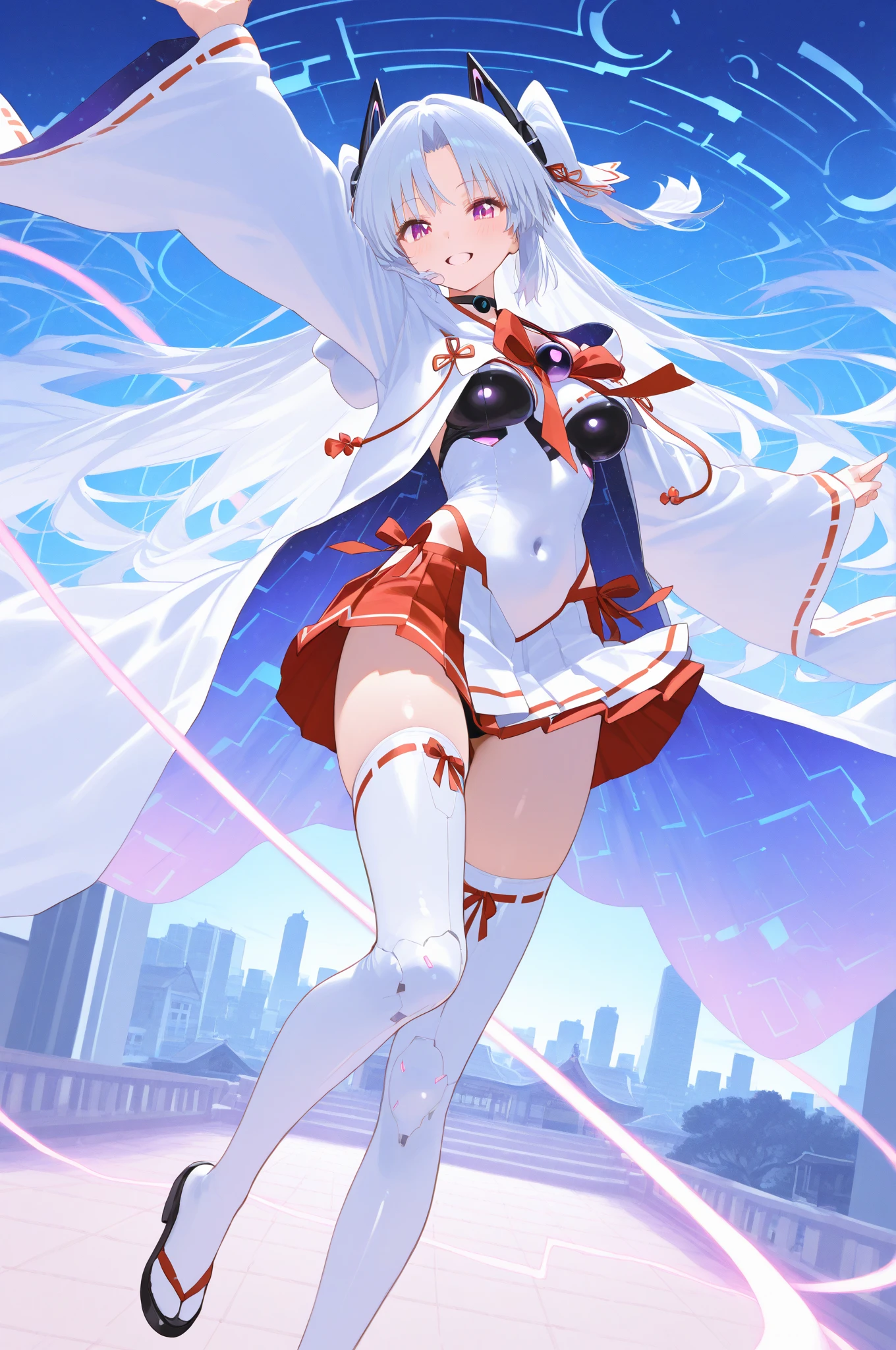 ((high-angle full body shot photo)) of a highly detailed, extremely attractive anime girl with very long, gorgeous bright blue and soft pink, lustrous flowing hair, the face and body of a professional supermodel, large breasts, a perfect face, (((cute nose))), highly toned midriff, flawless, silky smooth thighs, slender calves, an impeccable naughty grin, with brilliant-white perfect teeth, wearing a revealing, low cut, red latex tube top, a short white latex mini skirt, thigh high stiletto boots, she is standing on the deck of a luxury super yacht in outer space where a force field keeps everyone safe to be outside. There are stars, planets, and other cosmic phenomena all around in a dizzying array of colors and shapes. (((high-angle full body shot))), top light, backlit, 8k, absurdres, masterpiece, best quality,