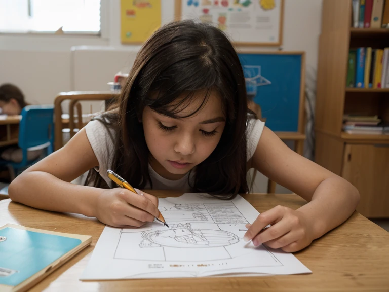 A girl in a classroom checking her notebooks, estilo dibujo 