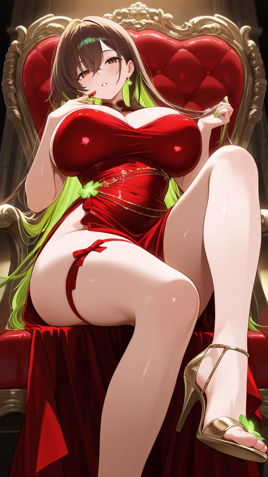 Green Hair、long hair、7:3 parting、、Chairman of the Committee for Discipline Inspection、Big Breasts、Glasses、Shiny Open Pink sequin dress、Pink love hotel with dim lights、Sharp Eye、severe、evil female executive、adult、Married Woman