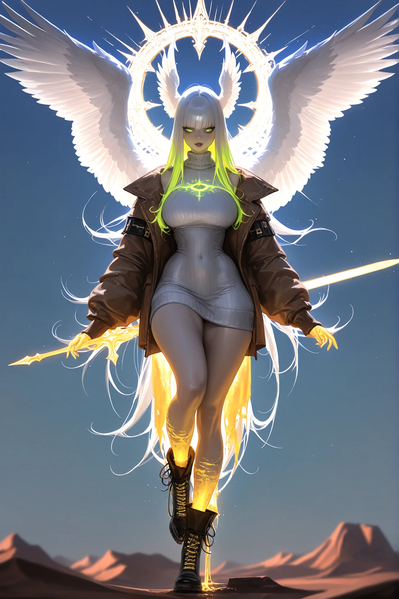 (tangobat:0.7),(Sakimichan:0.7),(High quality CT,4K,High resolution,main part:2.3),(Very detailed,realistic:1.37,Best quality,masterpiece, high resolution,on_body), (Tyndall effect,photorealistic, edge lighting, Two-color backlight),(high definition of skin:2.3), (8K UHD, DSLR quality, soft lighting, high quality, surround lighting, sincere, de 8K , 4K, 8K.) (xxx667_illu,)(feathered head wings, demon head wings, [color] head wings, multicolored head wings ,)The winged woman is angel. She has a mature bodybuilding  with big breasts , thin waist and wide hips. She has a peachy pale skin. She has glowing green eyes with star sigils. She has fluffy feathered winged ears on her head.  She has longest  blond gold  straight hair, with symmetrical flat straight bangs.  She is wearing a longest skintight beige knitted sweater dress. She wearing a pastel brown knitted jacket with gold lacing on sleeves. she wearing  a brown cowboy ankle boots - cossacks. She has a  gold glowing halo with above her head. She has a four huge white wings on her back. She carries with her a red crucifixion-sword, an Orthodox Christian cross with eight ends. On the background: canyon , scarlet rocky desert,light blue sky of noon.