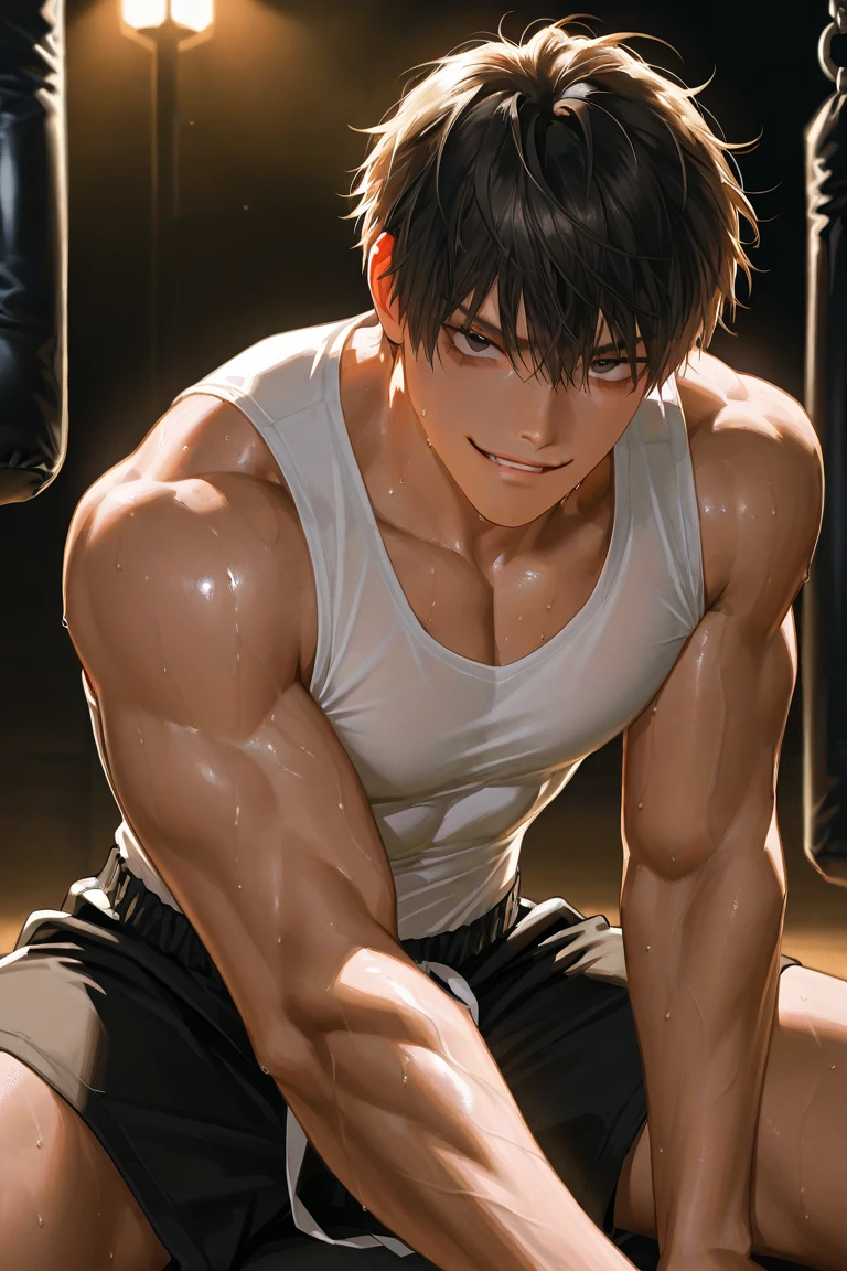 shirtless, super muscular, sweat-drenched body, 22-year old short black hair handsome caucasian male wearing white gym shorts, resting on the bench, hands on the head showing underarms, sweating in the gym