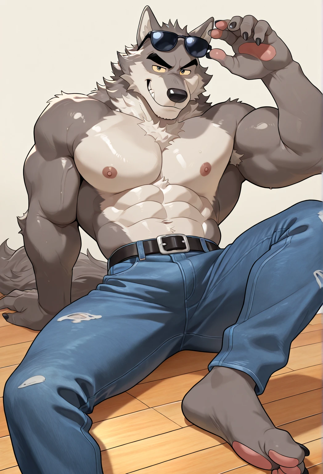 muscular sweaty chubby anthropomorphic bullterrier dog sitting on the floor, cross-legged, one leg up, arms up, smiling. close-up: armpits, sweaty wet feet paws, paw pads, feet claws, wet fur, drops of sweat. photo realistic style, masculinity. semi-darkness, soft light, dog shaped paws, dog paws, detailed fur