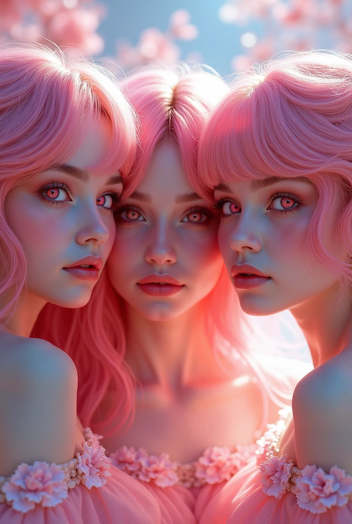 retro-futuristic,  80s aesthetics, tanktop (pretty face, detailed face and eyes), perfect ,  medium breasts,, (((3girls))), (group photo), (nsfw), (25 years old), (caucasian girl, american girl), ((pink hair)) 