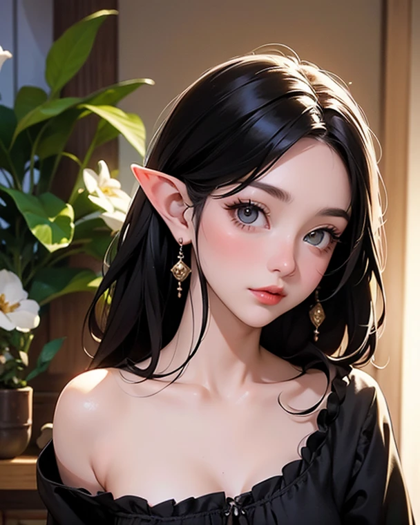 (Ultra-detailed face, Mysterious), (Five fingers:1.3), (Fantasy Illustration with Gothic & Ukiyo-e & Comic Art), (A middle-aged dark elf woman with deep black hair, blunt bangs, very long disheveled hair and dark purple skin, lavender eyes)n(Best quality,4K,8K,A high resolution,tmasterpiece:1.2),ultra - detailed,(actual,realistically,realisticlying:1.37),3 Rendering,Cute big breasts,Young boys,There is cleavage,Aspiring portrait animation designer,Mini,Cute 3d anime boy rendering,Cute and detailed digital art,micro design intern boy,stylized 3d render,8K 3D rendered character art,lovely digital painting,Anime style 3D,Ultra-detailed rendering