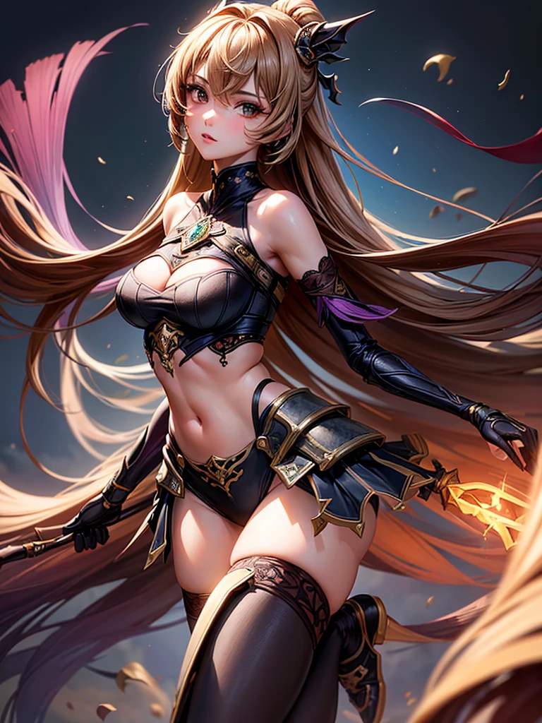 1girl, anime, cute girl, blank background, white background, fantasy, detailed fantasy dress with highlights, beautiful face, beautiful eyes, dark colors, black hair with multicolor streaks, red eye with different color pupil in eye, multicolor eye, medium small breasts (slightly big), slight cleavage, beautiful skin, cute, breast curtains, extremely delicate and beautiful, (beautiful detailed face:1.0), (detailed deep eyes), symmetrical breasts, deep eyes, shiny skin, portrait, slender waist, hips wider than shoulders, thighs, expressionless, young girl, luminous eyes, adorable,(Kpop idol),(aegyo sal:1),(Platinum blonde hair:1),((puffy eye)),Black panty,sexy posture,Superskirt, ultra high resolution,Black collar,slim figure, Abdominal y tattoo, womb tattoo,Tight-fitting leg ring,y tattoo on half-body,Bare skin, Armored hand,Hidden fingertips,Hand covered,Arm covered,Fist covered,{{beautiful detailed fingers}}, tufts of hair, moderate beautiful breast:1.0,(masterpiece:1.2), best quality, high-res, HDR, perfect face, intricate armor, delicate blue filigree, intricate filigree, red metalic parts, detailed part, dynamic pose, dynamic lights,