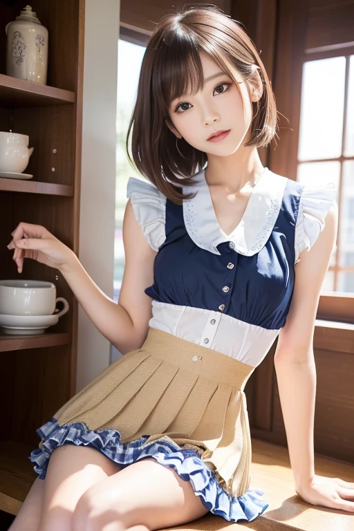 ((Top quality, 10, Masute Piece: 1.3, RAW photo)), crisp focus: 1.2, (1 AESPA Girl :1.1), bara, (Realistic, photorealistic portrait: 1.37), (face focus: 1.1), cute face, Hyperdetailed face, (Tangle short hair: 1.2), A small smile, Small breasts, flat chest, Full Nude, (Cornelian cherry: 1.5), ((ruffle skirt, Multi-layer skirt):1.32), (I myself am folding my skirt., Show me your panties. :1.1), thights, Cafe, bar, lily, book