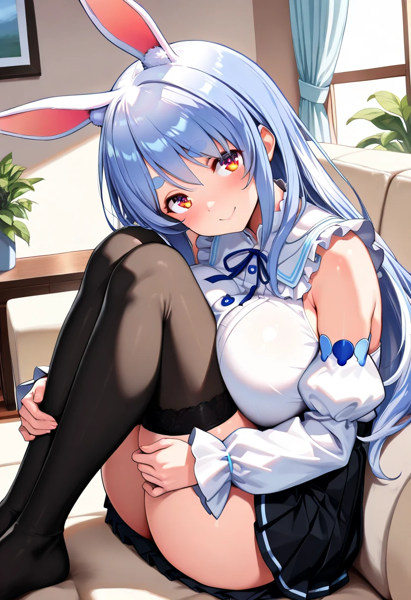 (masterpiece),(best quality),(ultra-detailed),(best illustration),(best shadow),(absurdres),(detailed background),(very aesthetic), pekomama(vtuber), 1girl, animal ears, breasts, rabbit ears, solo, white thighhigh, virtual youtuber, braid, cleavage, blue hair, long hair, wrist cuffs, mature female, smile, animal ear fluff, standing, leaning on the wall, seductive smile, jacket,