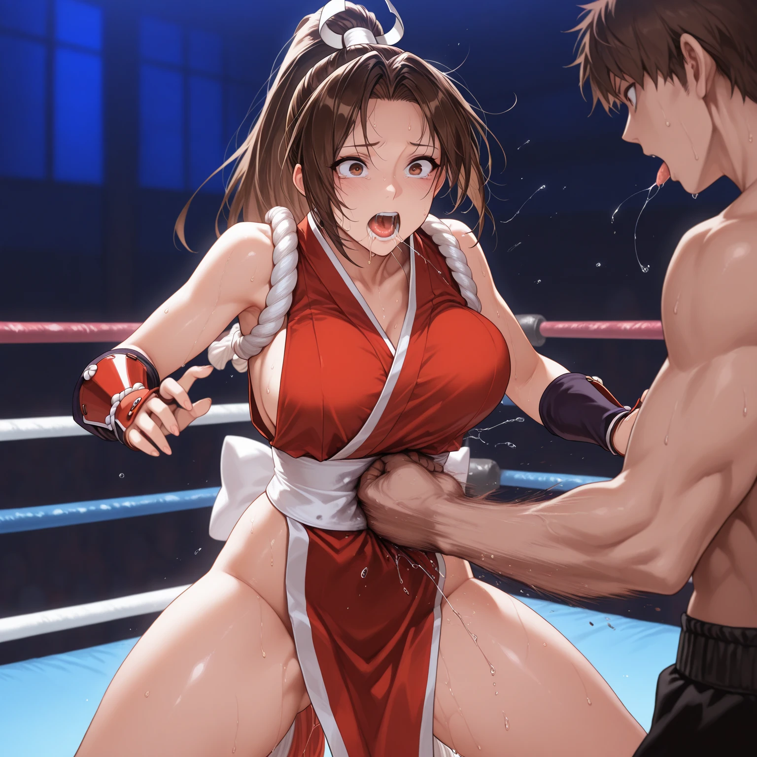 Pointed of view of being punched by topless police female boxer, in fighting position,((punching the camera)),  ((topless)),((heavy bust)),large chest, tiny waist, abs,wearing low cut blue police skirt, ((wearing police hat)), ((wearing blue boxing gloves)), sadistic smirk, smile,brown long hair, standing over camera, looking into the camera, standing in boxing ring,((anime)), Anime style,4k,high quality, highly detailed