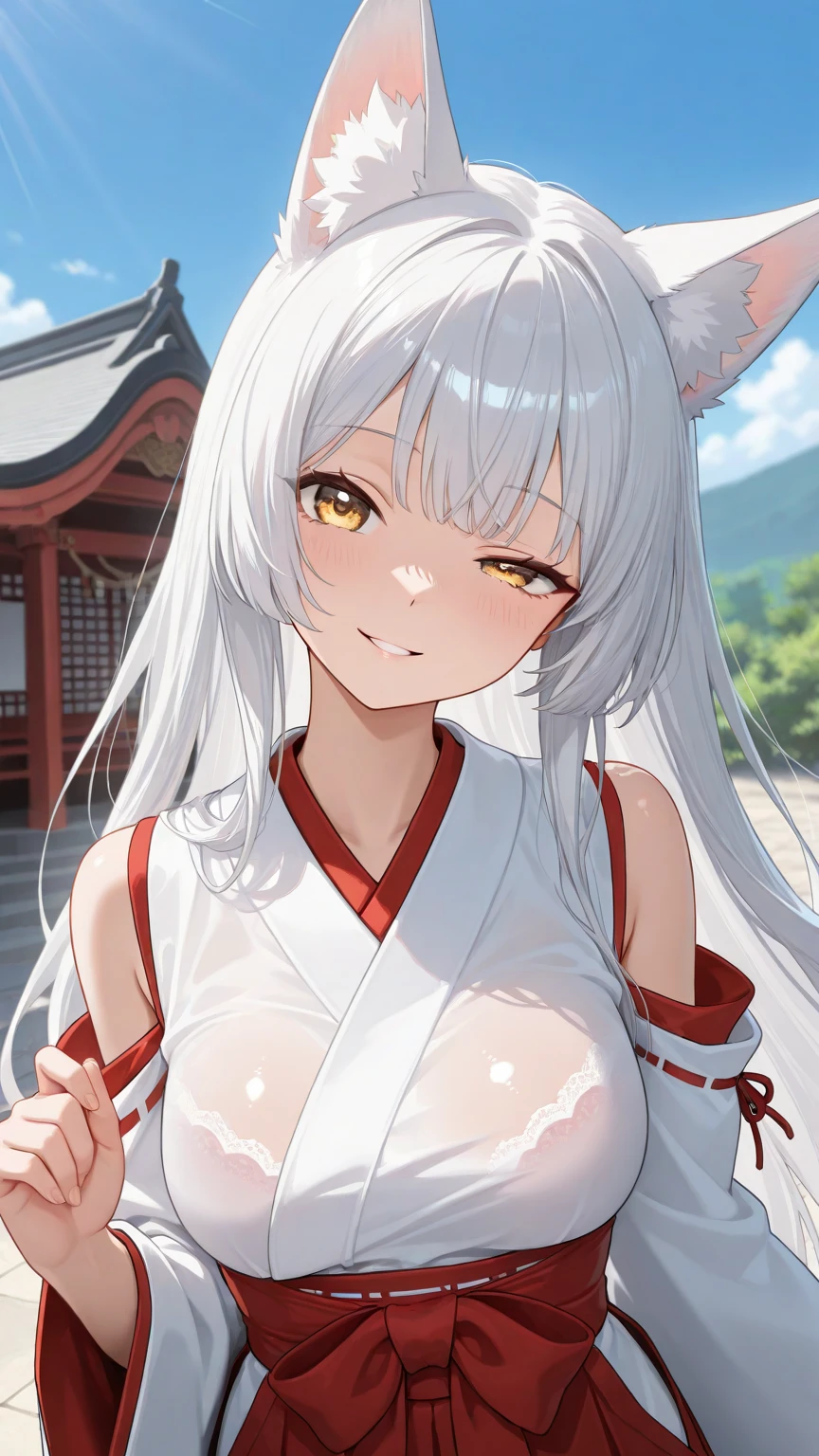 masterpiece, best quality, 1girl, yellow eyes, long hair, white hair, sitting, red kimono, large breasts, topless, light smile, arms behind back, nature, hair ornament, animal ears, bridge, nipples,
