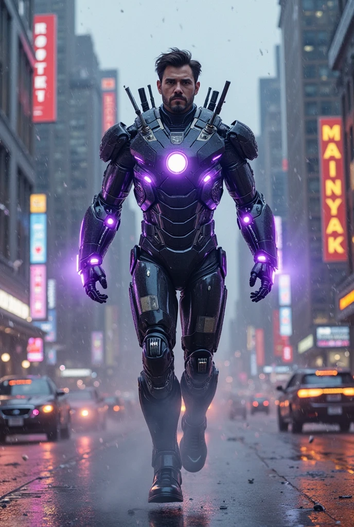 terminator t 800 Dark_Fantasy,Cyberpunk,1man,Mechanical marvel ,Robotic presence ,Cybernetic guardian, wearing a worn-out mech suit, intricate, (steel metal [rusty]), elegant, clear focus, soft lighting, vibrant colors, masterpiece, ((street)), cowboy shot, dynamic pose, 8k, black steel look