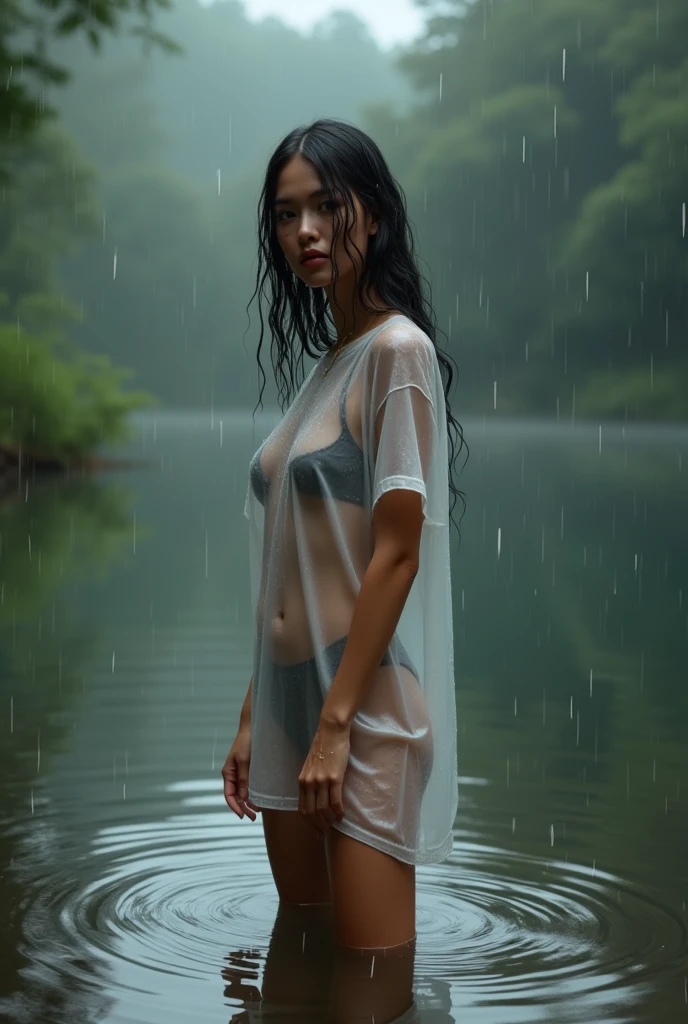 ((top-quality、in 8K、masterpiece:1.3、Raw photo))、Super high quality photos, ((On a small boat on a big river in a tropical jungle))、Very beautiful Japan idols, Slim legs, wearing grid girl clothes、Wearing a miniskirt、((protruding nipples under the shirt,))、((camel's toe)), The whole body is wet with sweat、Hair is also wet, Jungle background, Stick out the tongue, (Photorealistic: 1.4), (hyper realisitic: 1.4), (Realistic: 1.3), (Smooth lighting: 1.05), (Improved film illumination quality: 0. 9), 32K, 1 girl, 20yr old, (Quality Improvement: 1.4), (Realistic skin texture of the highest quality: 1.4), Narrow eyes, Narrow face, Fine eyes, (Strengthens the atmosphere of the body line: 1.1), (Beautiful skin texture enhancement: 1.1), Cinematic lighting、camel's toe、Pouring rain、the whole body is wet、Hair is also wet、(rainy wet、Wet in the rain、Wet body:1.2)、camel's toe、((camel's toe)), On a small boat on a big river in a tropical jungle、