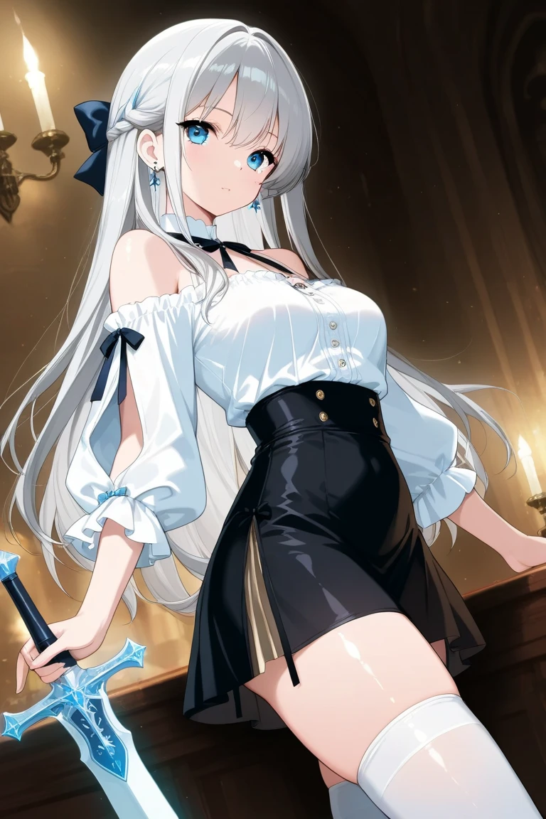 Blush, ((((White color blouse)))), white long boots, (on top of the bed), Kneeling, D-cups, White hair, ahoge, Heart-shaped pupils, blue color eyes, (((((cat ear))))), is shy,White gloves, torogao, Reflectors, Yandere, anime big breast, Chiaroscuro, Ray tracing, shadowing, hyper HD, Masterpiece, Accurate, Anatomically correct, Textured skin, Super detail, High details, High quality, Award-Awarded, Best quality, A high resolution, 16k,(There is love around you),((((Tempting)))),((Get wet,semi transparent)),no extra limbs,((Collar))