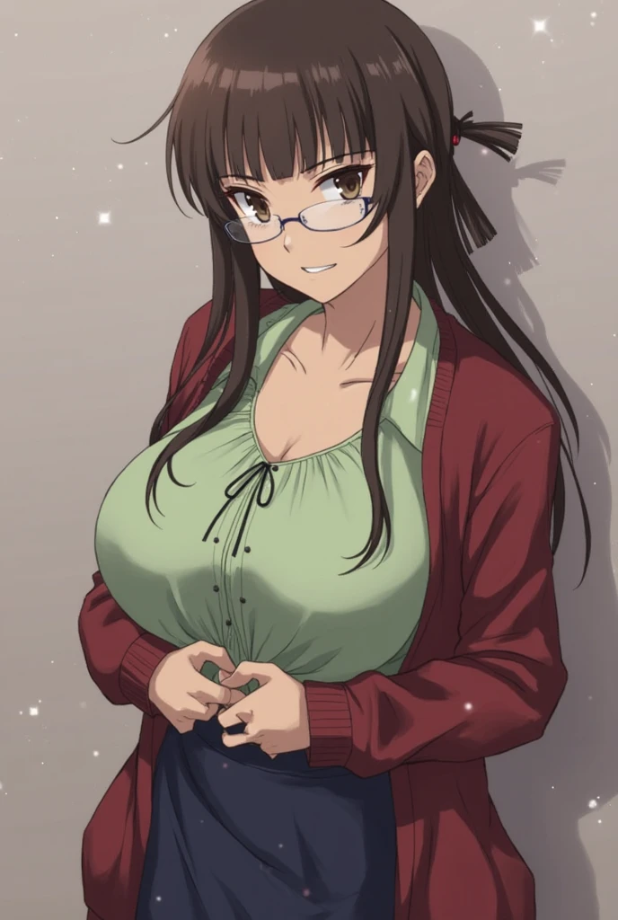(mix1), anime art style, 2d, masterpiece, best quality, very aesthetic, absurdres, dynamic shadows, atmosferic, (1girl), (brown hair), antenna hair, long hair, brown eyes, eyeslashes, detailed eyes, glasses, ahoge, bangs, medium breasts, cleavage, collarbone, makeup, intense blush, red hoodie, white shirt, black minishorts, brown boots, open clothes, sexy smile, hands on own breasts, (cowboy shot), from front, looking at viewer, simple background, ((white background))