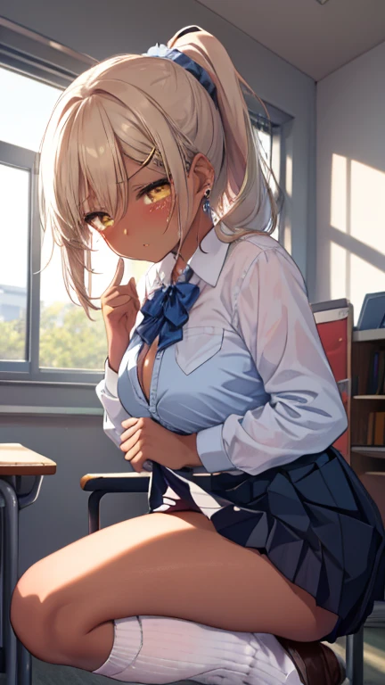 (8K、Highest image quality、highest quality、masterpiece)、detailed face、((two dark-skinned girls))、blonde、((Short and long hair))、gray eyes、evil laugh、earrings、Moderate chest、((cleavage))、((Unbuttoned white shirt))、((gray cardigan))、black pleated skirt、cowboy shot、sit at a desk and chair、classroom background
